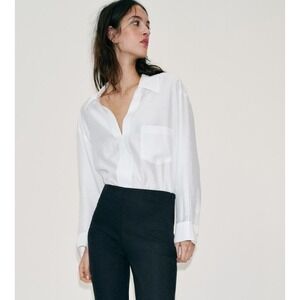 Zara Oversized Satin Effect Shirt Blouse S White Button Down Minimalist Chic